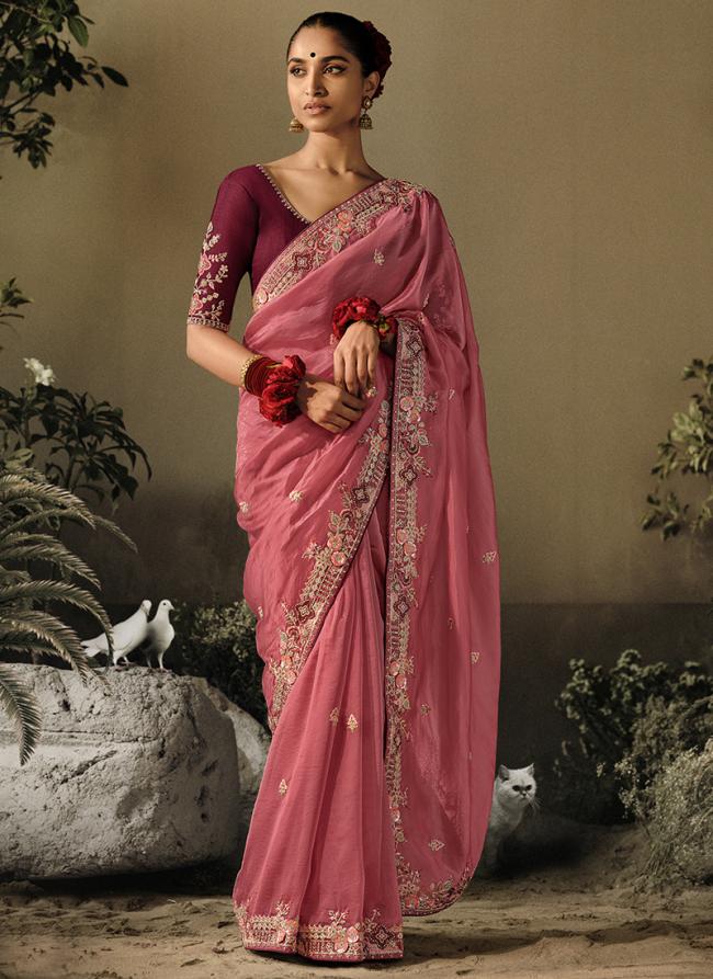 Pure Fancy Fabric Peach Wedding Wear Heavy Embroidery Work Saree